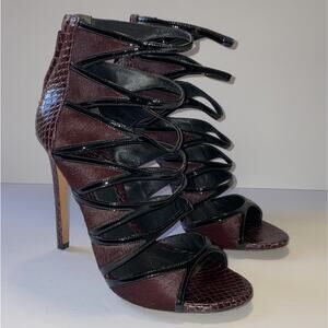 Brian Atwood Shoes Womens Size 8 Burgundy Black Snakeskin High Heel Sandals Zip